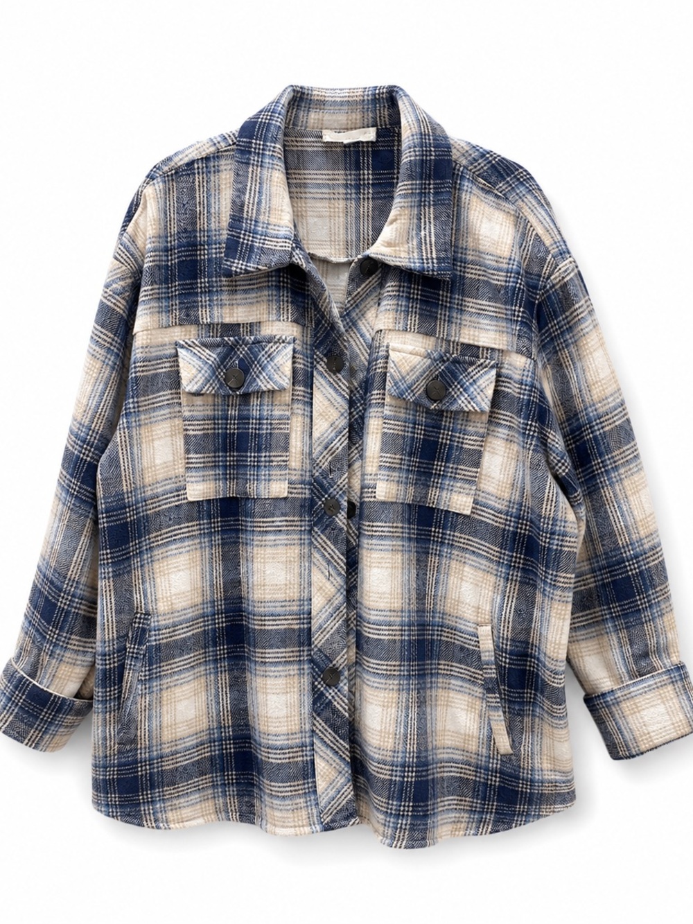 Weekend Suzanne Betro Wool Plaid Shacket 2X Blue Cream
